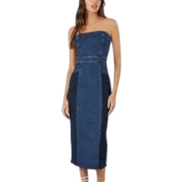 Forever 21 Dresses & Skirts - DENIM Blue Strapless Midi Dress Two Tone Stretchy Sz XL Country‎ Concert Cowgirl